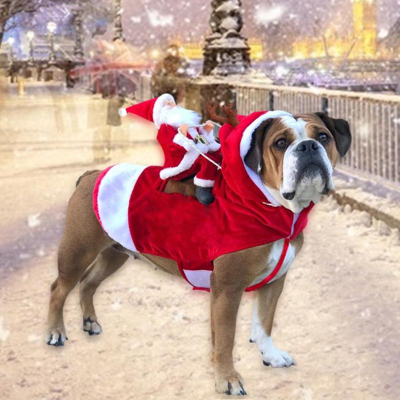 Christmas Dog Clothes Santa Claus Riding Deer Dog Costumes Funny Pet Outfit Riding Holiday Party Dressing Up Clothing For Dogs